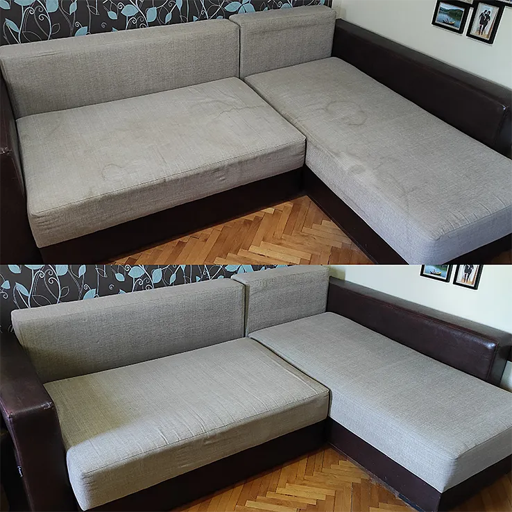 Dubinsko pranje nameštaja: pre i posle, ugaona garnitura